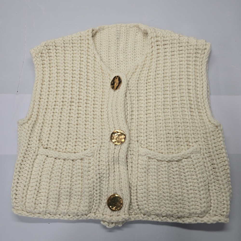 Womens Chunky Knit Button Front Vest Cream Gold Buttons Size L 0099-ZMN‎